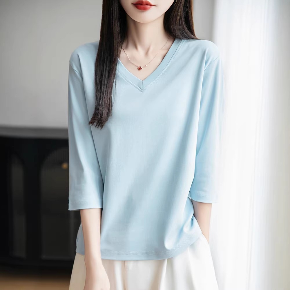 Pure cotton short-sleeved T-shirt for women's spring and summer, new loose V-neck short solid color versatile base T-shirt, half-sleeved top