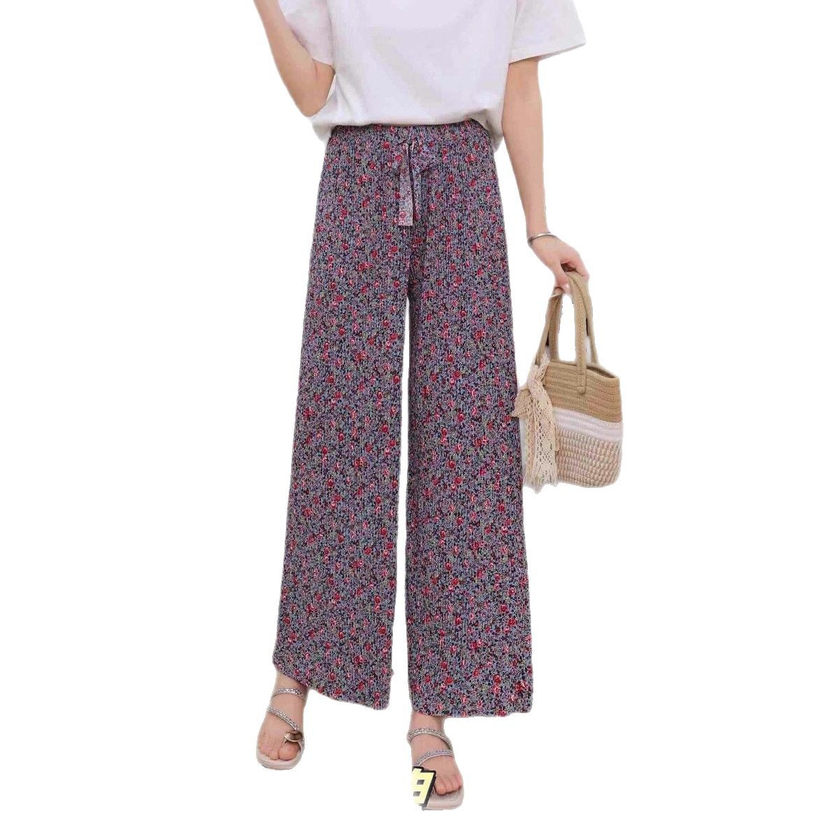 Ice silk pink floral pleated laid-back wide-leg casual sun-protective beach cool pants, summer home stroll casual pants Item Picture