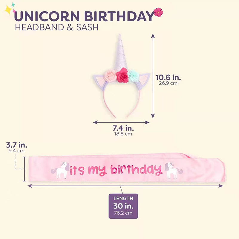 Cross Border Party Etiquette Shoulder Band Set Birthday Party English Print Shoulder Band Cute Unicorn Headband Specification drawing