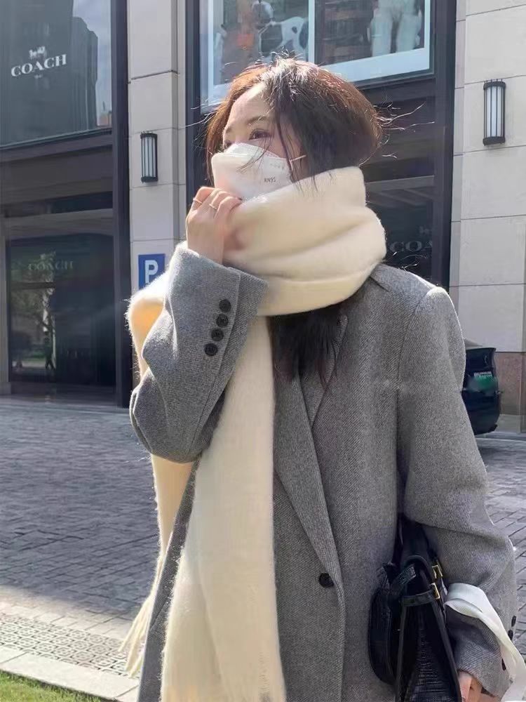 Dongdaemun, South Korea, Kain Blue solid color thick tassel scarf, winter men's and women's thick faux cashmere warm shawl