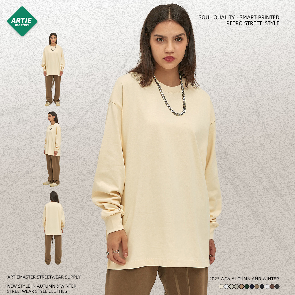 ARTIE Men's Wear: 2024 Autumn/Winter Fashion Brand's Heavyweight 305-gram loose long-sleeved T-shirt, 12-color pure cotton top from Europe and America Item Picture