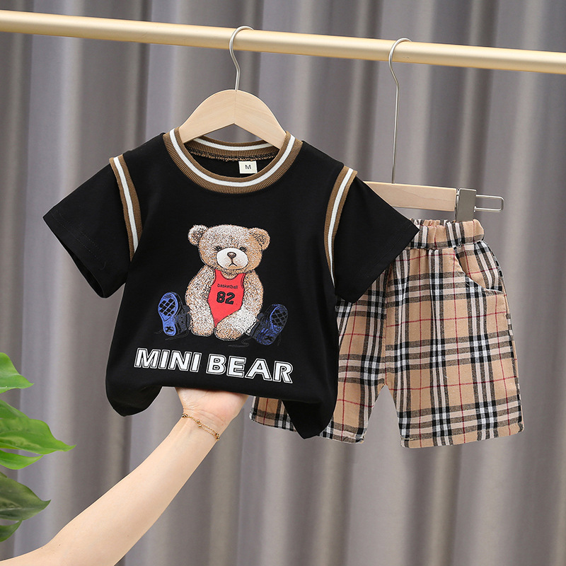 2022 New style MINI Bear short-sleeved checked pants two-piece set for children aged 1-5, summer casual and stylish T-shirt Specification image