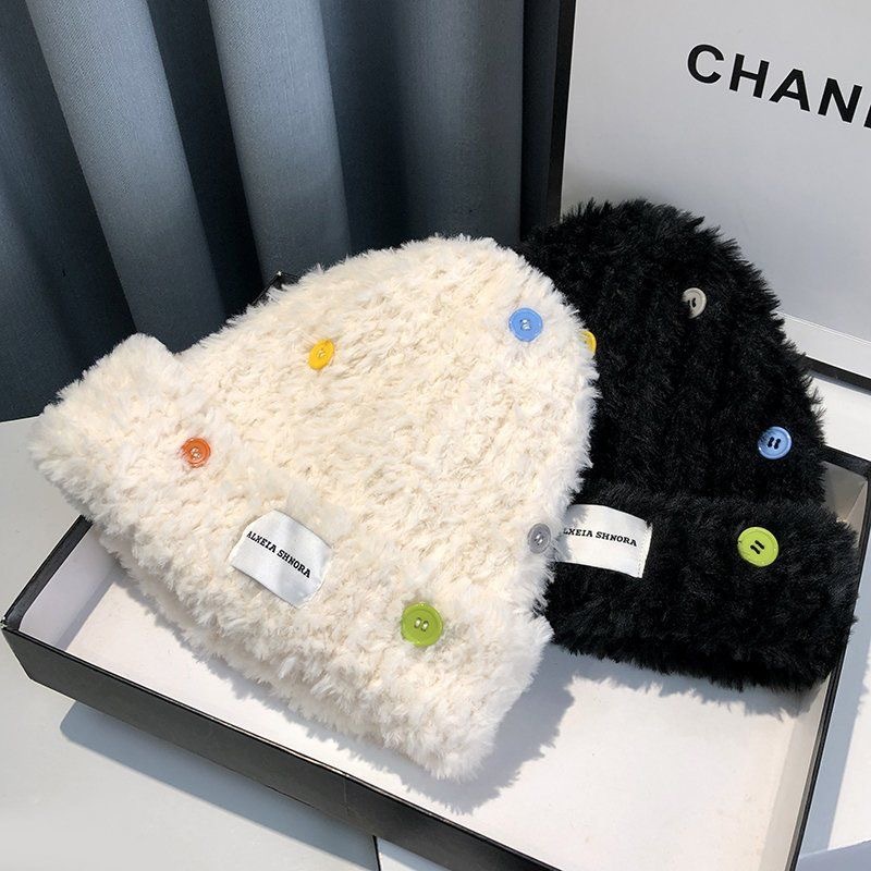 Hat For Women Autumn-Winter Thickened Furry Knit Hat With Colored Buttons Imitation Fur Woolen Hat Specification drawing