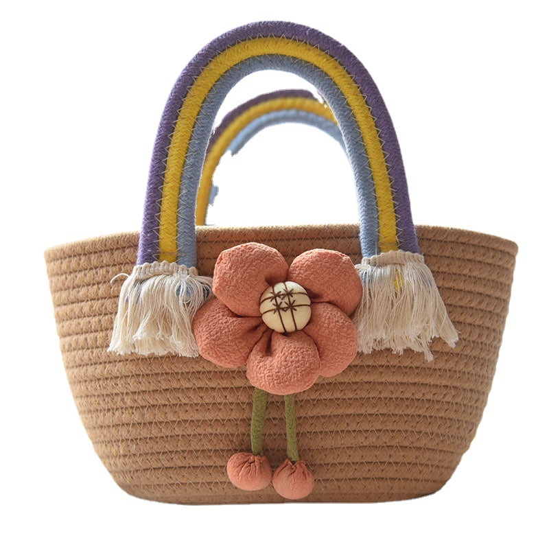 Korean Version Of The Trend Cotton Rope Hand Bag Network Red With Foreign Handbag Small Fresh Flowers Straw Bag Rainbow Handle Item Picture