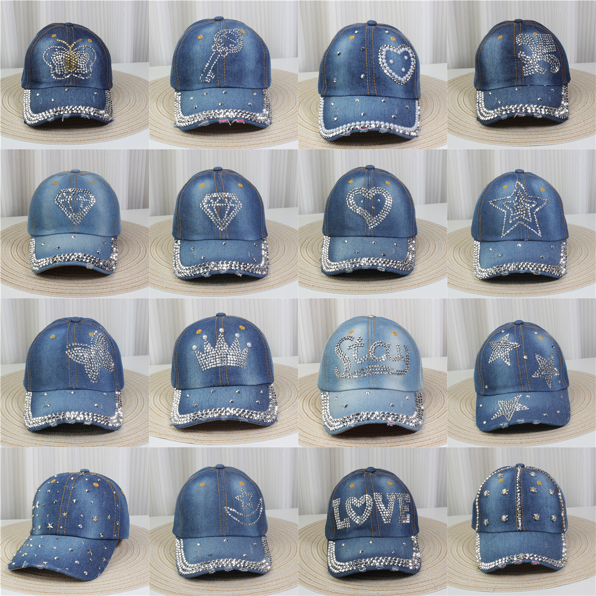 2024新款女士水钻镶钻牛仔布时尚洋气鸭舌帽休闲显脸小成人棒球帽