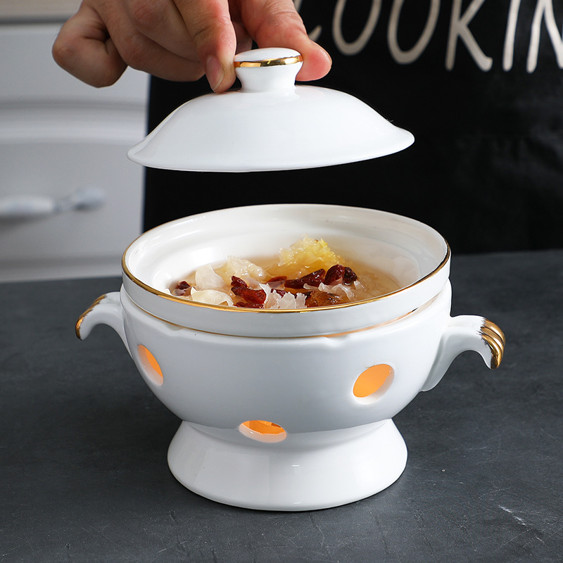 Ceramic hotel bird's nest dessert bowl, sea cucumber, abalone, millet, Liaoning sea cucumber, shark fin cup, covered, candle, alcohol, heating tableware details Picture