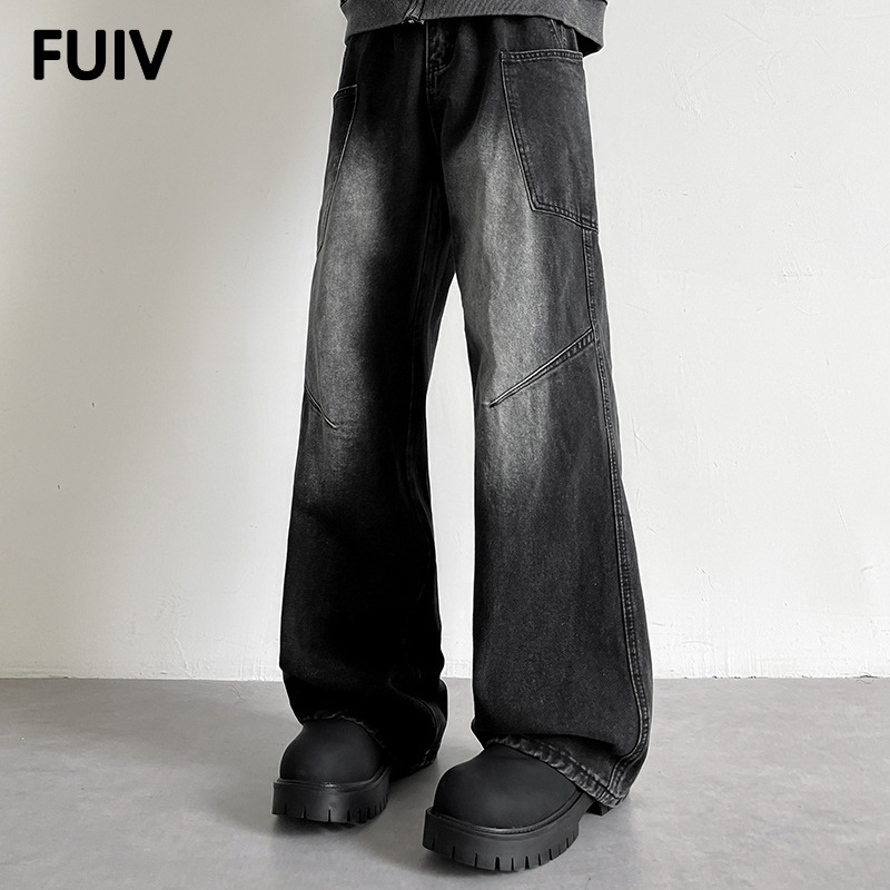 FUIV American retro and nostalgic washed jeans, a men's fashion brand with a loose, fashionable and trendy structure, are floor-length pants