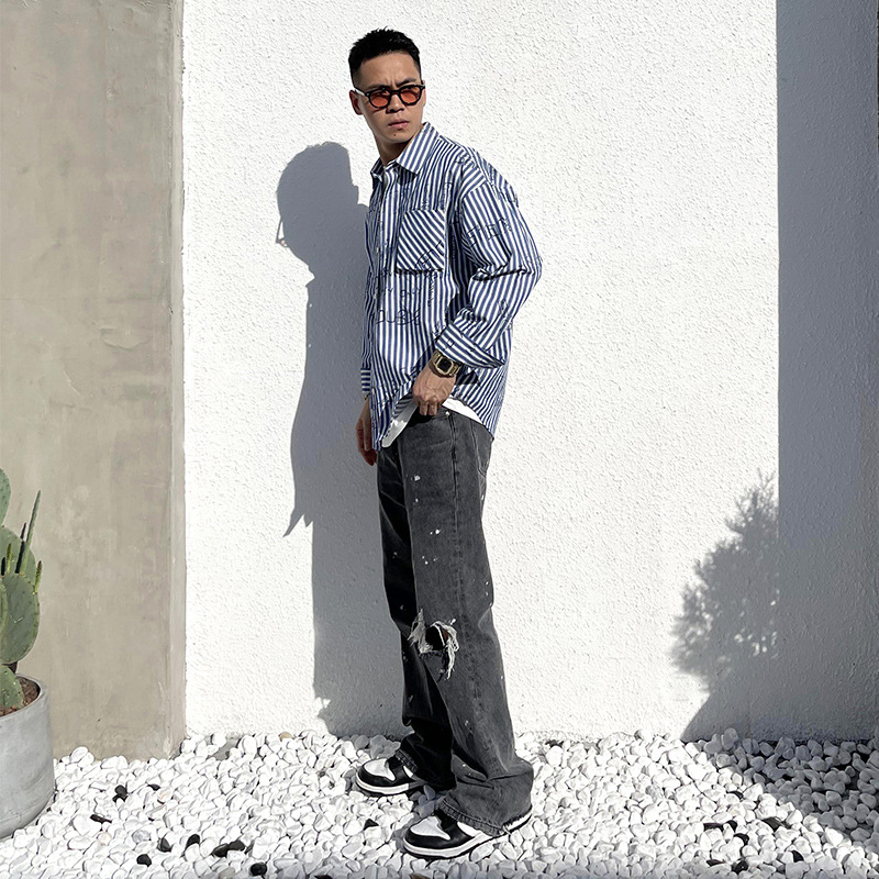 LU Japanese-style fresh and versatile shirts for men's casual loose long-sleeved striped shirt jackets wholesale Application Scenario
