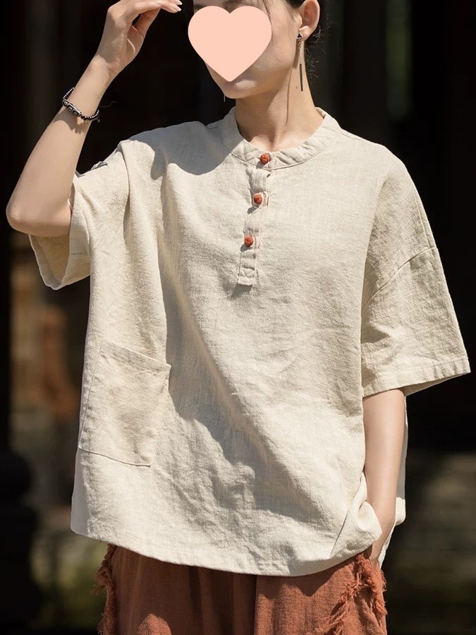 中国风立领盘扣棉麻短袖T恤女2025新款夏季宽松文艺禅意茶服上衣