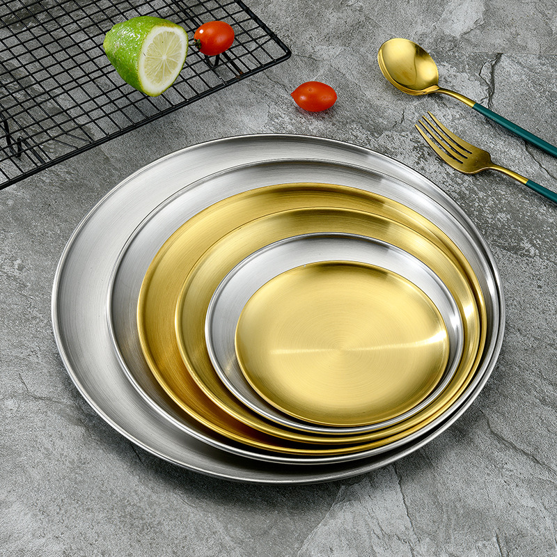 Stainless steel plate, Western-style desserts, cakes, fruits, flat bottom, Korean-style display, golden single-layer barbecue round plate Specification image