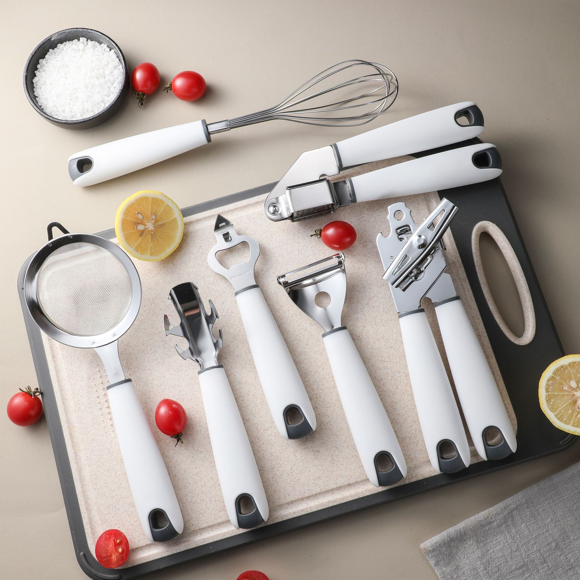 Stainless steel kitchen small tools: garlic peeler, bowl picker, bottle opener, can opener, egg beater, melon peater, kitchenware set details Picture