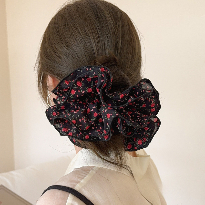 Retro floral multi-layer large intestine hair band for women, a high-end look, low ponytail hair tie, elegant hair tie, hair flower and hair accessory for autumn details Picture