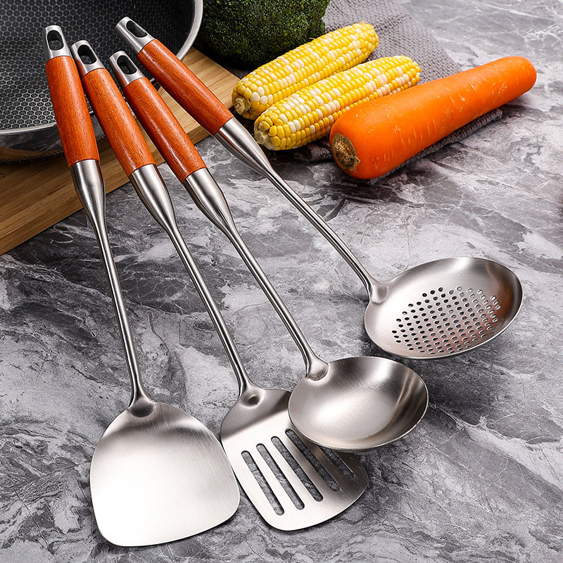 批发304不锈钢锅铲厨具套装炒菜勺家用厨房烹饪木柄汤勺漏勺煎铲