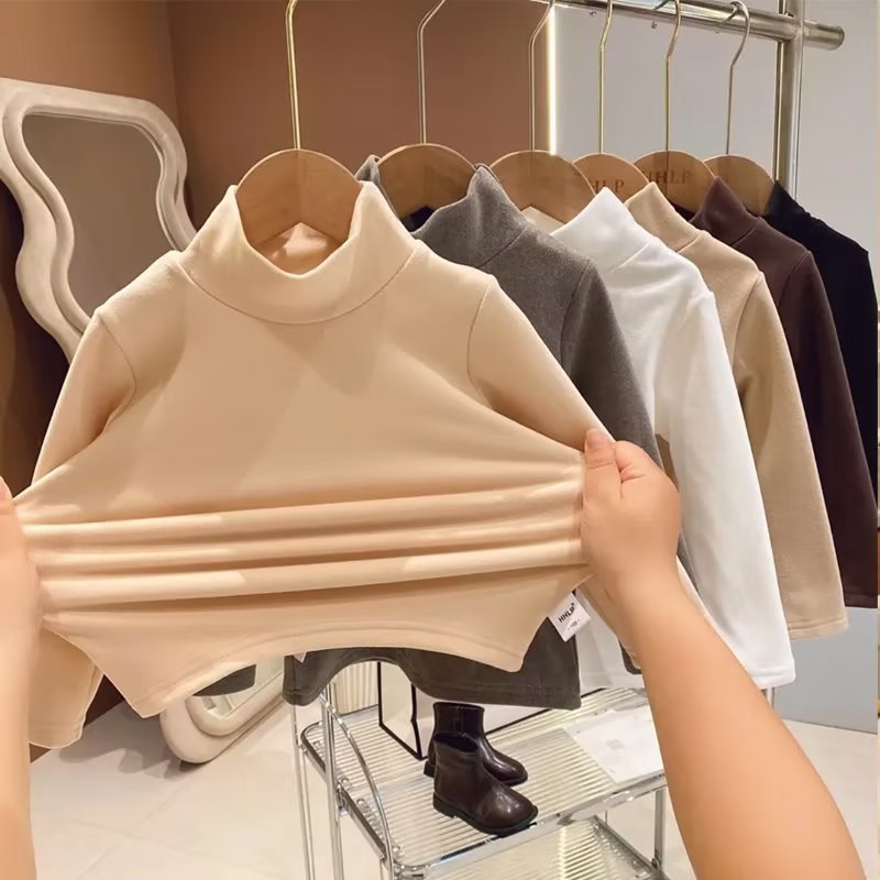 Semi-high-neck children's top, double-sided German fleece base layer shirt, warm long-sleeved T-shirt for children of all ages, boys and girls in autumn and winter