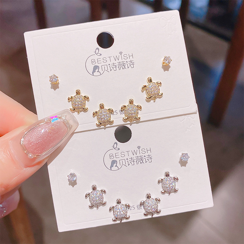 2025新品个性小乌龟精致三对装耳钉 韩版银针高级感6件套装耳