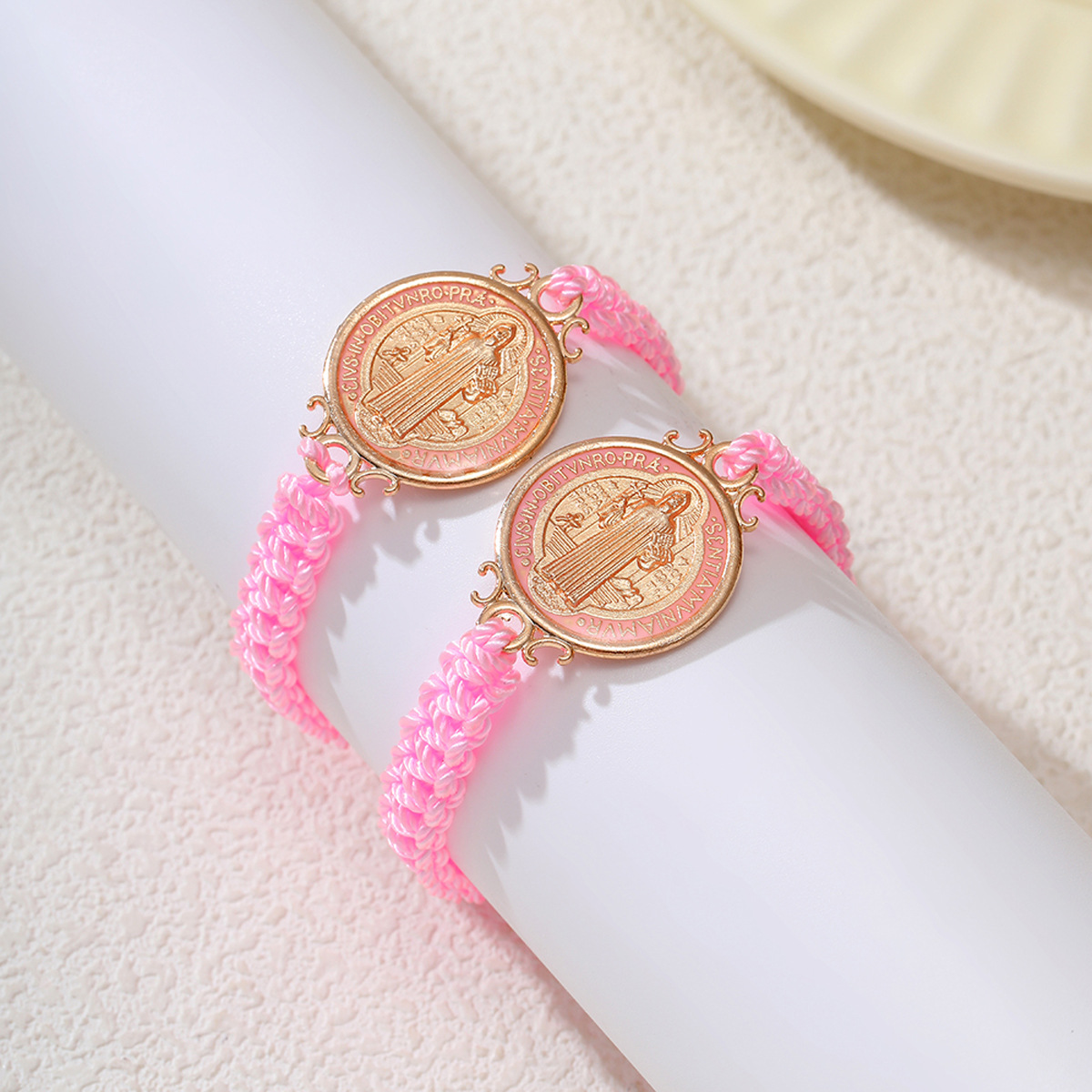 Cross-border best-selling alloy oil-dripping Saint Benedict woven bracelet, retro and simple men's and women's prayer friendship bracelet set details Picture