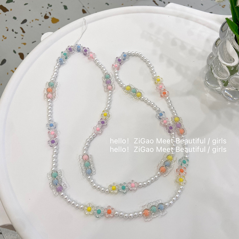 Colorful Flower Beaded Mobile Phone Chain Candy Color Imitation Pearl Long Crossbody Mobile Phone Chain Korean Mobile Phone Lange details Picture