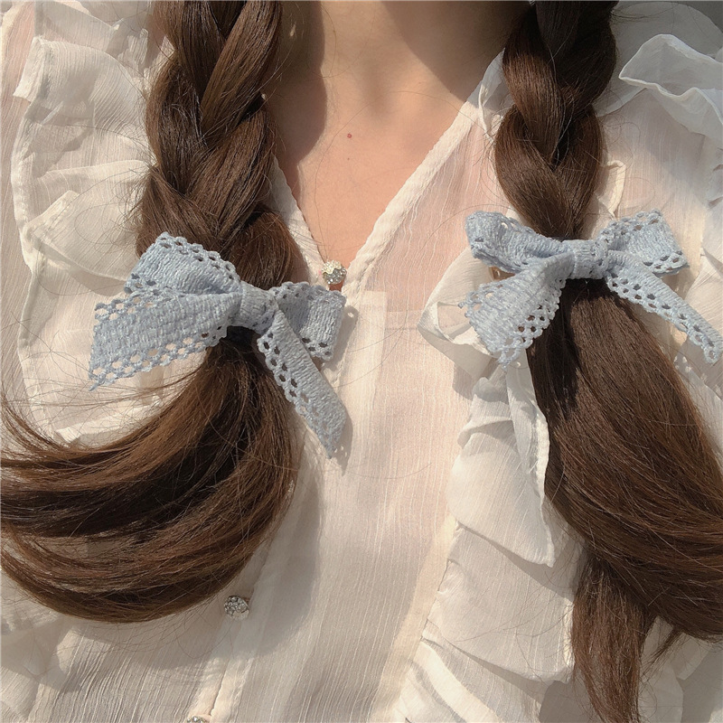 Cream Blue Hair Clip 2 Pieces ~ Spring Color Cream Rice Lace Bow Hair Band Hair Tie Girly Hair Tie Specification drawing