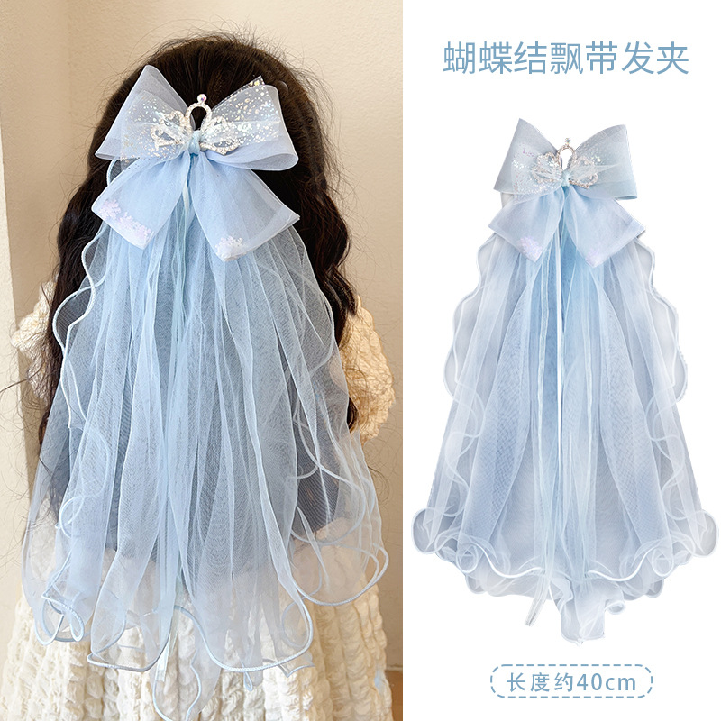 Girls' Veil Princess Hairpin Birthday Crown Ice Children's Day Hairpin Headpin Bow Streamer Net Gauze Hairpin