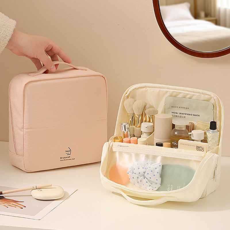 Folding makeup bag, large opening, standing, large capacity, waterproof cosmetics storage bag, office desktop organizing bag, pen case