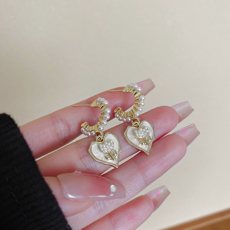925银针复古珍珠爱心耳环女小香风气质郁金香花朵耳坠耳饰品批发