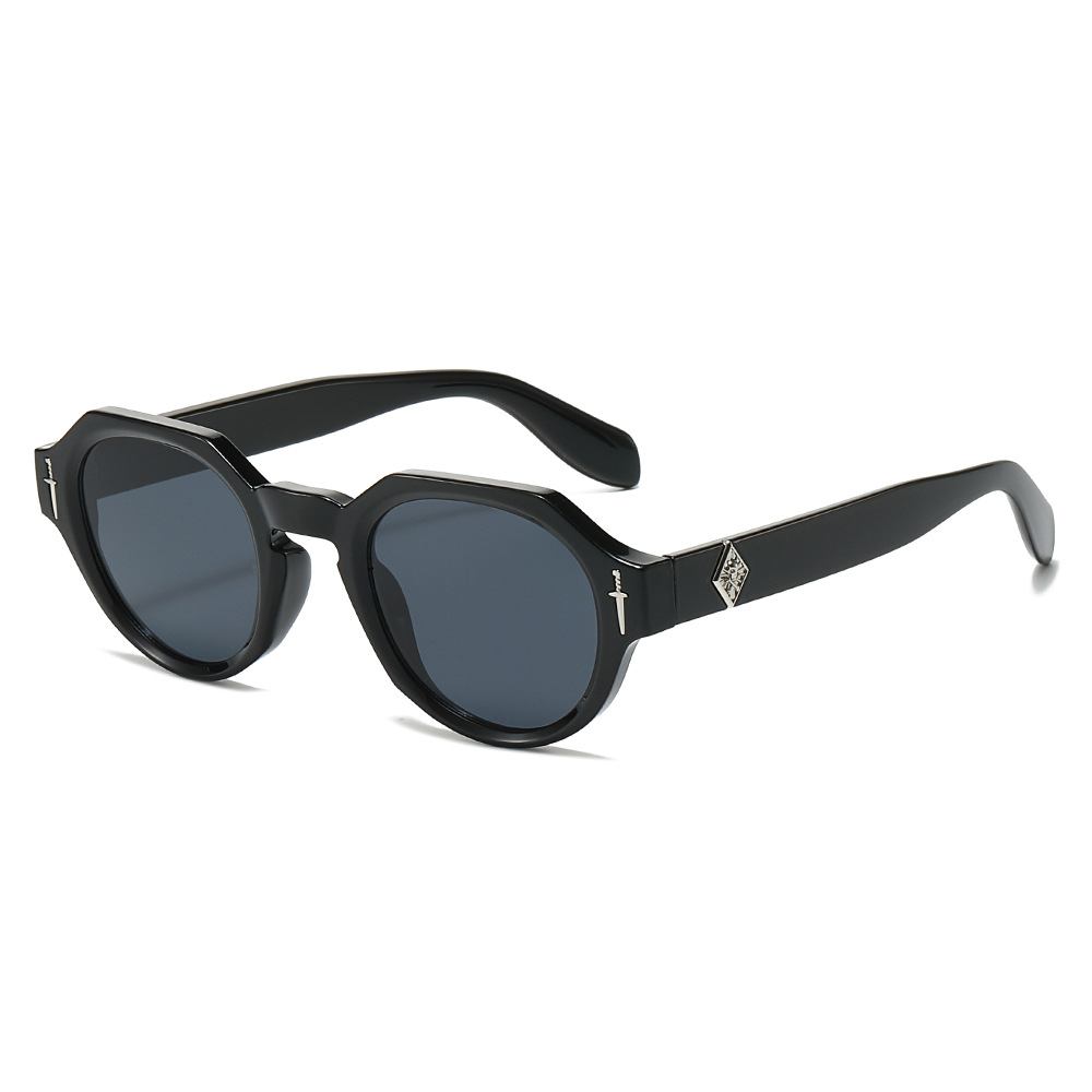 欧美多边形圆形太阳镜男女高级感时尚街拍眼镜轻奢风金属标镜腿墨