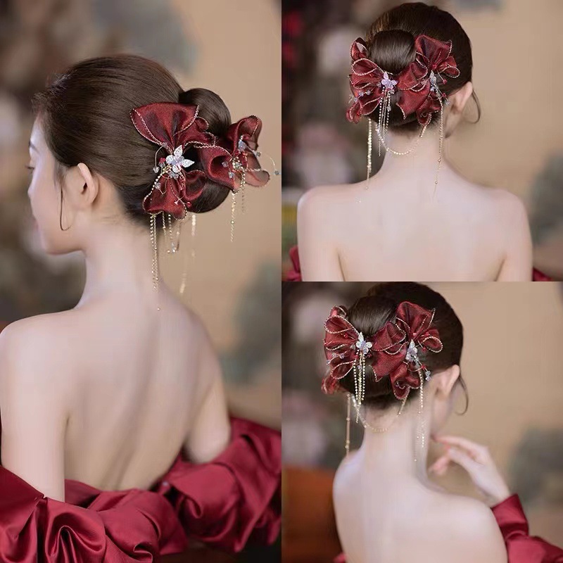 Ethnic Style Headwear Chinese Vintage Wine Red Bow Hair Clip Mori Tie Fairy Beauty Fringe Toasted Dress With Accessories