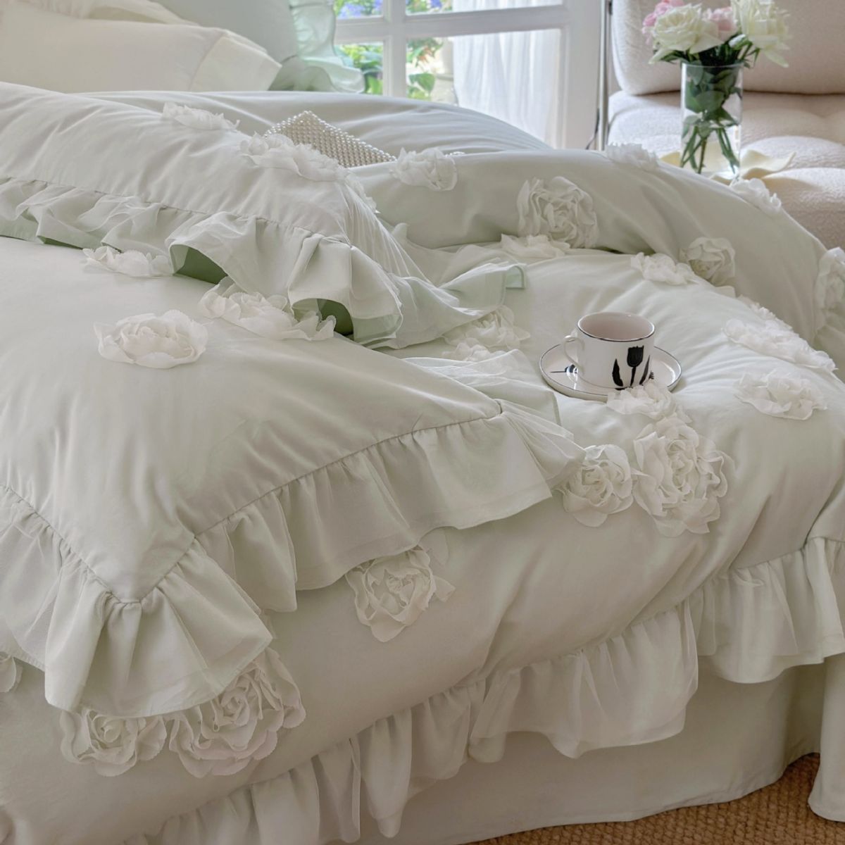 Doble encaje hecho a mano rosa plato floral espesado 100 cerámico esmerilado princesa cama quad kit Specification image