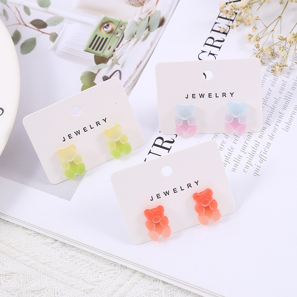 Korean cute bear stud earrings, gummy candies, gradient color women's stud earrings, simple earrings for student girls, cross-border details Picture