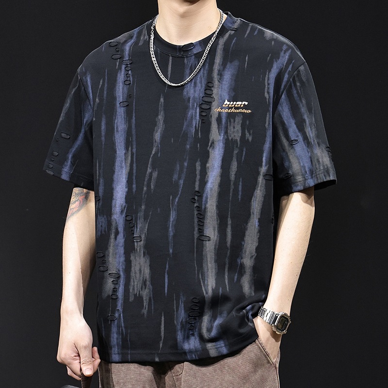 Jacquard perforated trendy brand short-sleeved T-shirt for men's summer 2025 new large-sized high-end clothing, American retro T-shirt