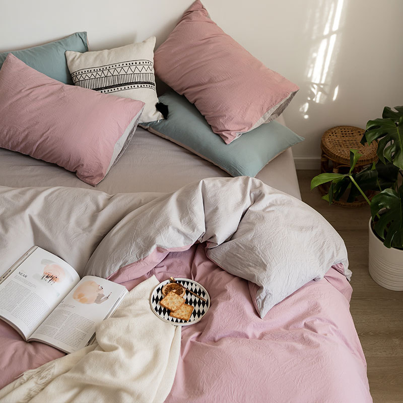 X1aw Simple Plain 40 Cotton Combed Cotton 4-Piece Contrasting Color Double Mix Cotton Double Bed Kit Application Scenario