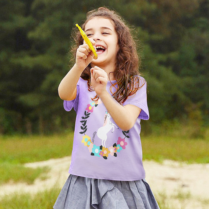 Summer girls' T-shirts wholesale, European and American unicorn pure cotton children's short-sleeved baby tops, children's clothing in European and American style