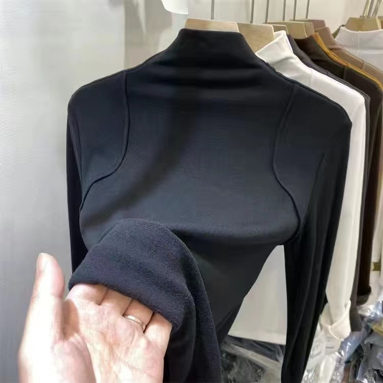 290g thickened double-sided German fleece base layer for women, autumn and winter fleece base layer for women, autumn elastic semi-high neck inner layer