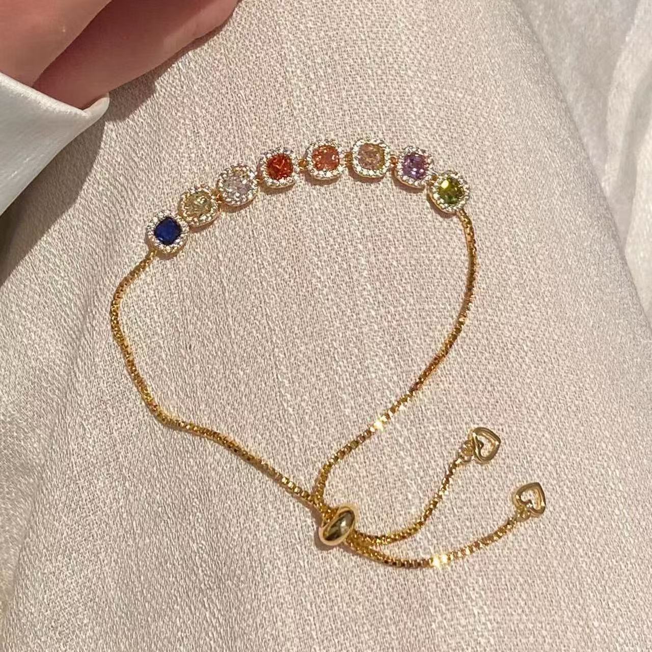 S925纯银多巴胺彩色锆石方糖手链戒指法式轻奢甜美气质清冷饰品手饰组合详情4