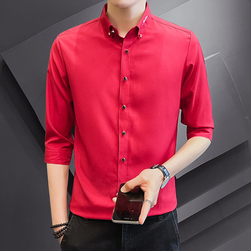 Summer lapel shirt for men, three-quarter sleeve Korean-style slim, no-iron short-sleeved shirt, cool pure white casual mid-sleeve Specification image