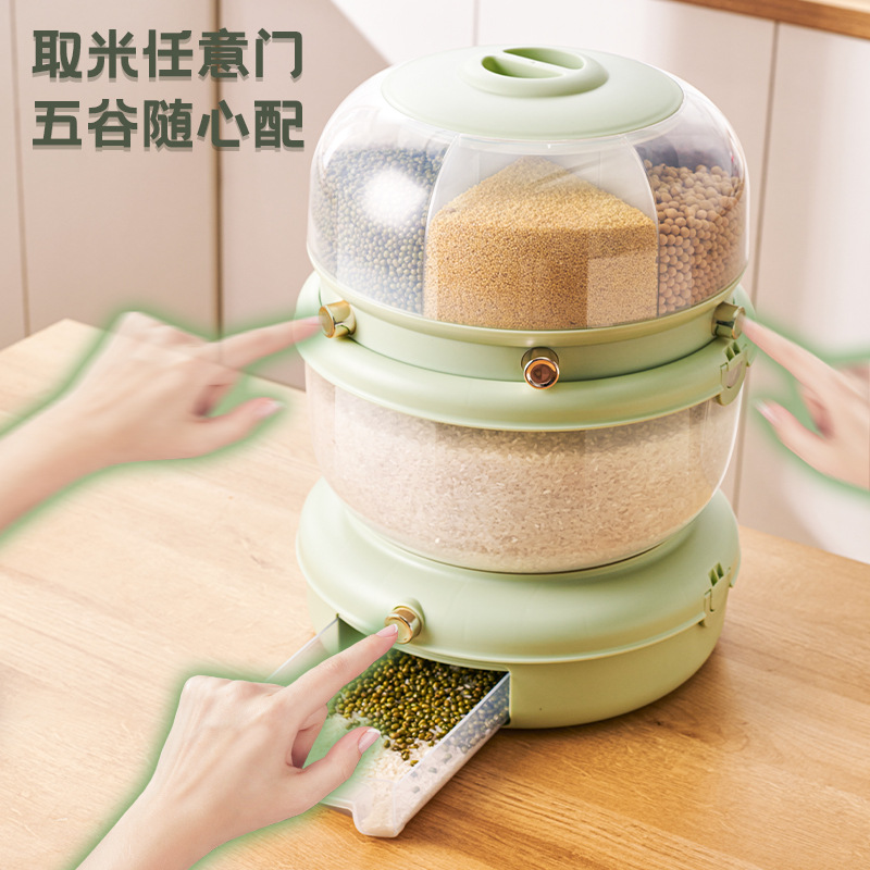 Rotating seal rice storage bucket, multi-compartment nano storage cabinet, press-type moisture-proof and insect-proof coarse grain rice bucket Application Scenario