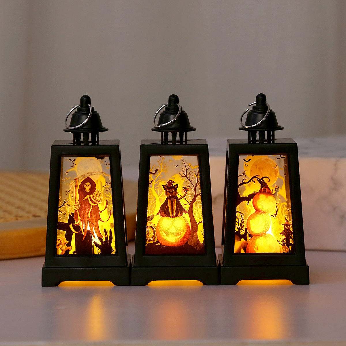Cross-border exclusive LED electronic candle lights for Halloween atmosphere decoration, wind lanterns, retro ghost pumpkin props and ornaments details Picture
