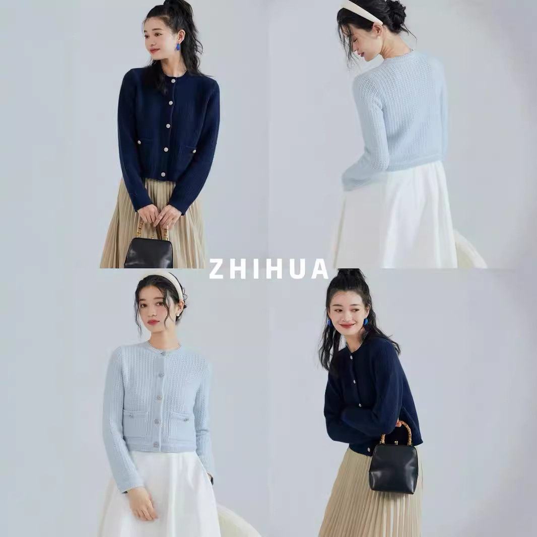 2024秋冬新款100%纯羊毛圆领针织毛衣开衫女宽松百搭扭花羊毛上衣