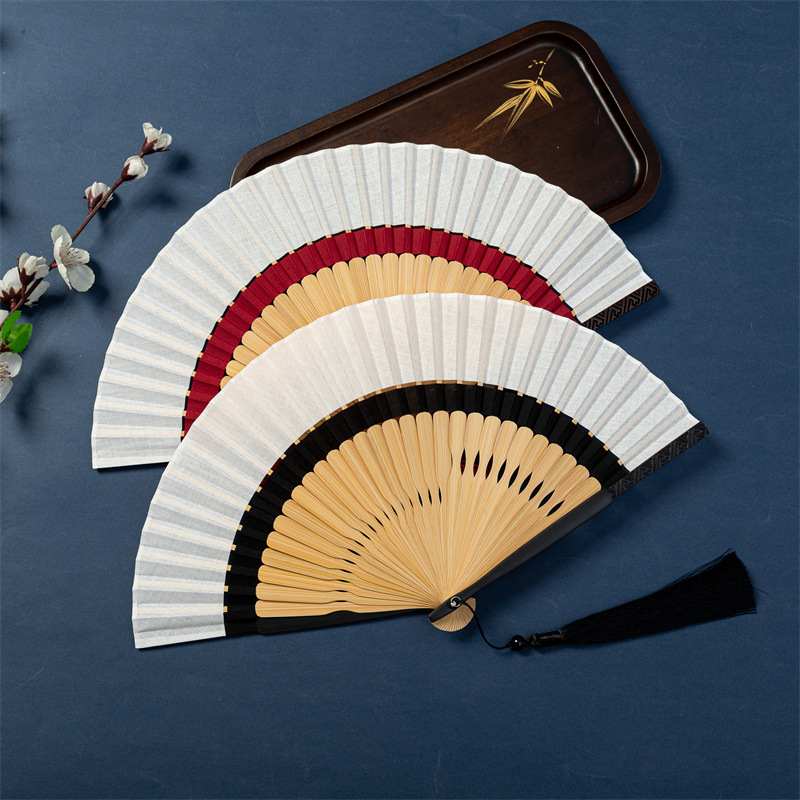 中国风棉麻双节纯色空白竹扇7寸男女工艺扇礼品折扇夏季日用图