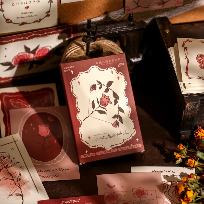 纸先生盒装明信片 玫瑰与她系列 创意ins手绘花卉手帐贺卡 30张入详情图1