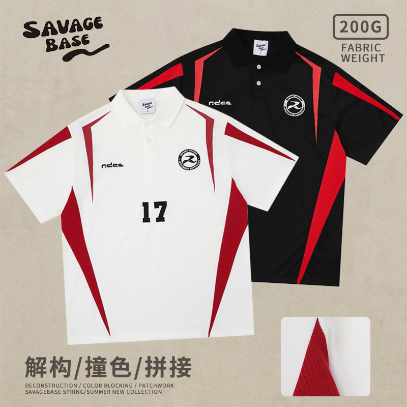 SAVAGEBASE Street color-block motorcycle short-sleeved T-shirt 26 Summer New hiphop sports lapel jersey for men