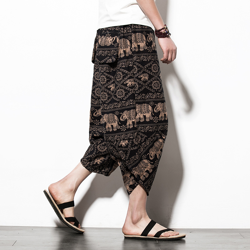 Summer men's casual capriel pants, lantern pants, wide-leg beach pants, flowered pants, loose and large-sized Chinese style export wholesale Specification image