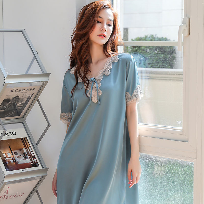 New Pajamas Women Summer Ice Silk Loose Large Size European Korean Version Sexy Lace Ice Silk Short-Sleeved Sleeping Dress Home Wear Specification drawing