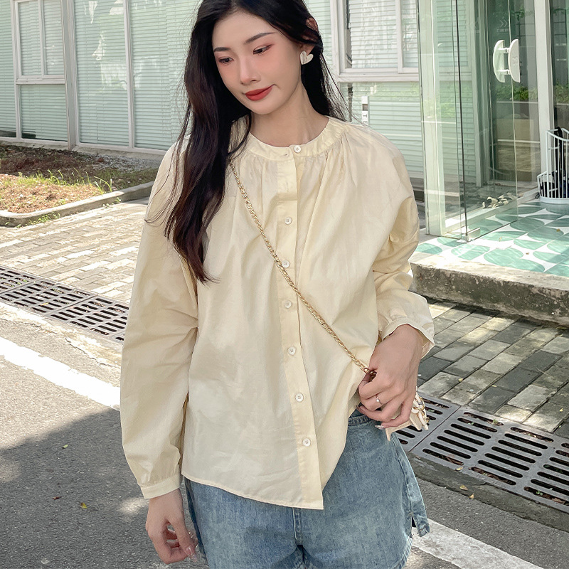 甜美小圆领抽褶衬衫女春秋季百搭纯棉长袖上衣小众灯笼袖宽松衬衣