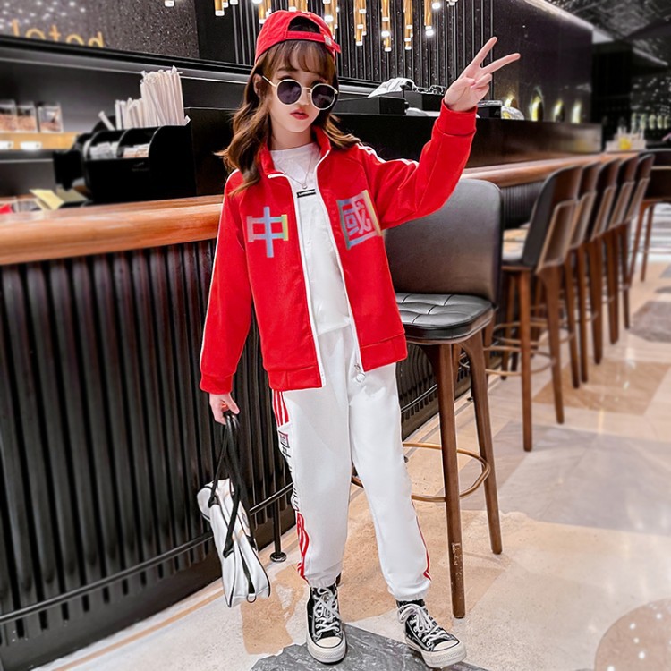 Children's spring and autumn set: Boys' zipper sportswear, Chinese school uniform, Little girls' casual big kids' sweatshirt, two-piece set