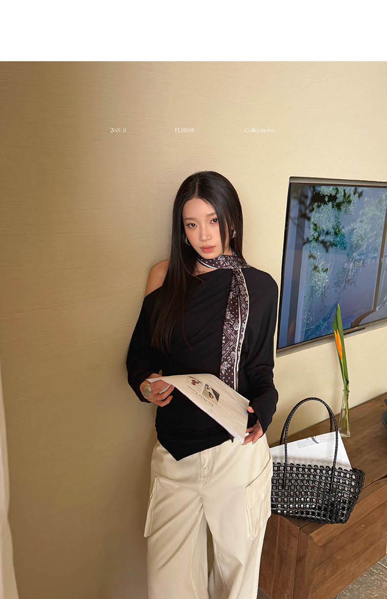 ELSISSI亚麻一字领斜肩上衣女2026春季新款设计感百搭显瘦针织衫详情18