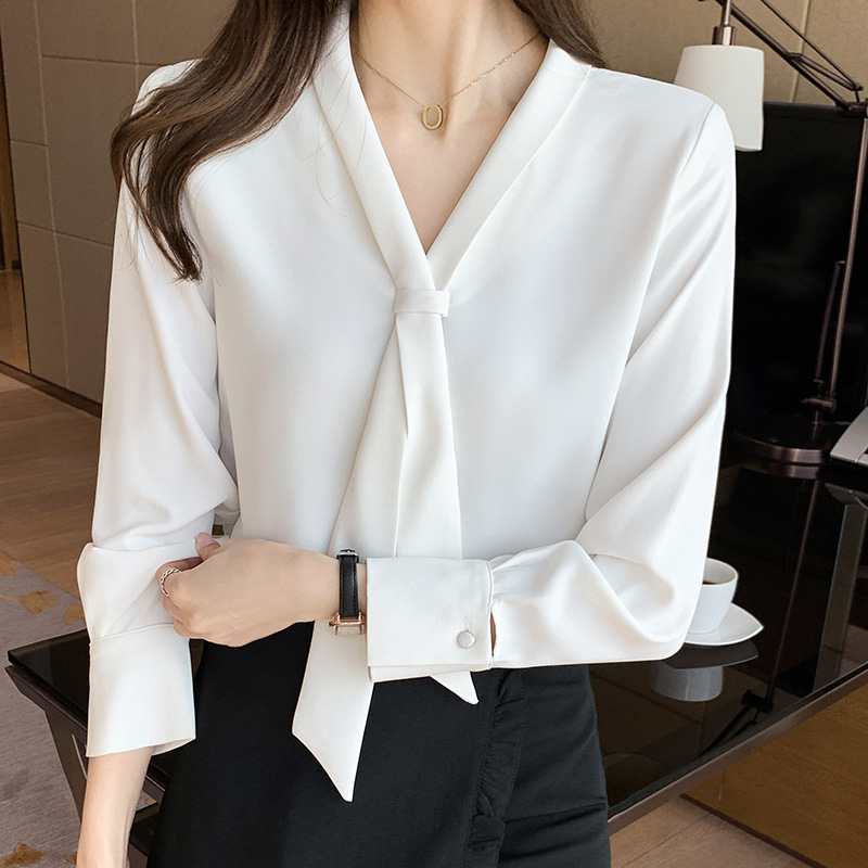 新款韩版时尚白色长袖雪纺衬衫春秋宽松蝴蝶结设计感女装职业上衣图