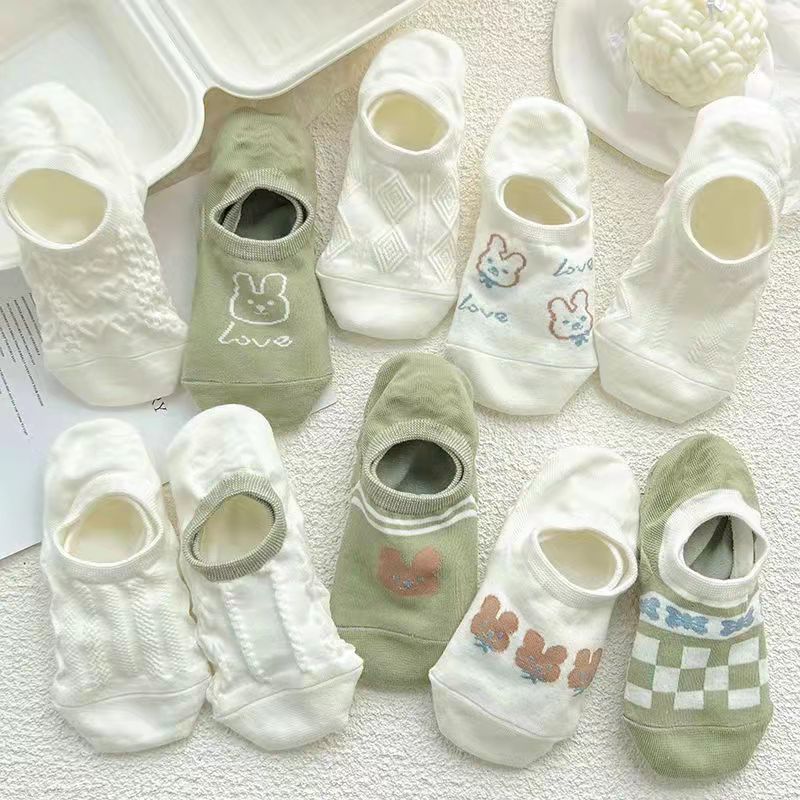 袜子地摊一件代发袜子女夏透气船袜白色隐形袜条纹卡通少女甜美日系低帮浅口薄袜子一件代发