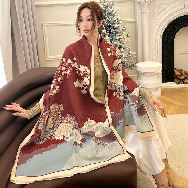 Autumn And Winter New Chinese Style Imitation Cashmere Scarf Women's Ink Painting Landscape Map Senior Sense Neck Thick Warm Shawl Application Scenario