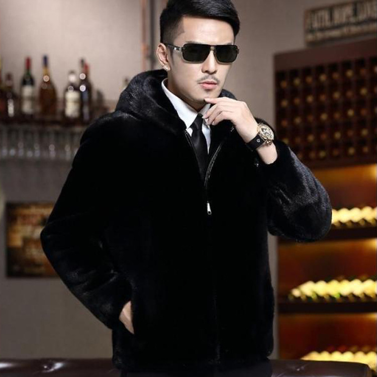 Wholesale of hooded men's fur and mink fleece coats with thickened fleece, loose leather jackets for men's winter wear details Picture